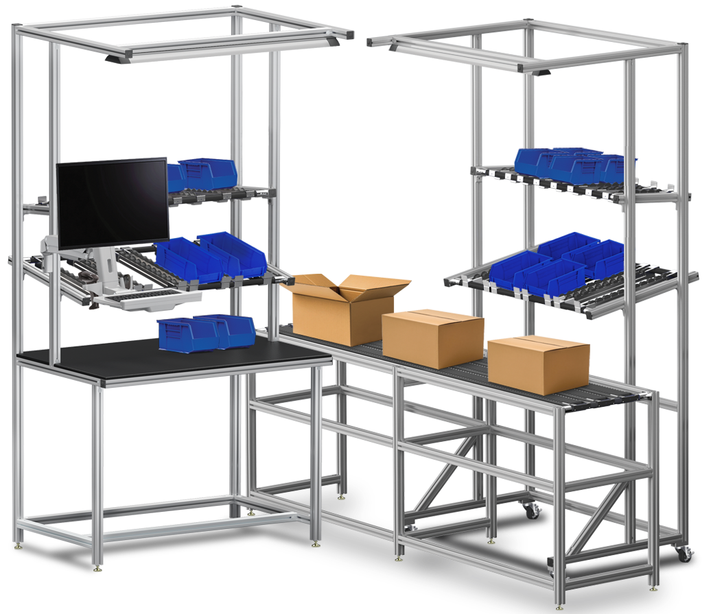 Full view of a modular industrial assembly cell constructed from 80/20 T-slot aluminum. The configuration includes an ESD-safe workstation with a monitor mount, blue gravity flow bin racks, overhead LED task lighting, and a center conveyor line for packag