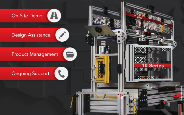 80/20 distributor support showing on-site demos, design assistance, product management, and ongoing customer support.