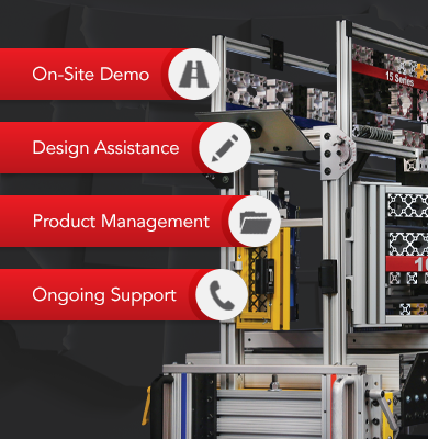 80/20 distributor support showing on-site demos, design assistance, product management, and ongoing customer support.