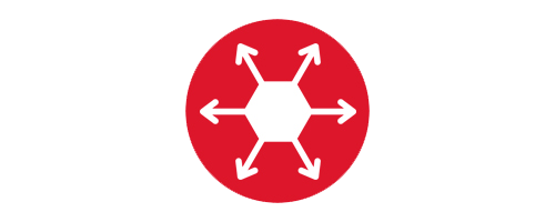 Red circular icon with multiple outward arrows symbolizing optimized workspace layout and flexibility