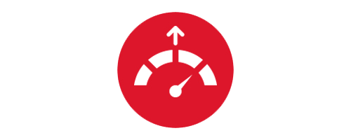 Red circular icon showing a speedometer with an upward arrow representing increased workspace efficiency