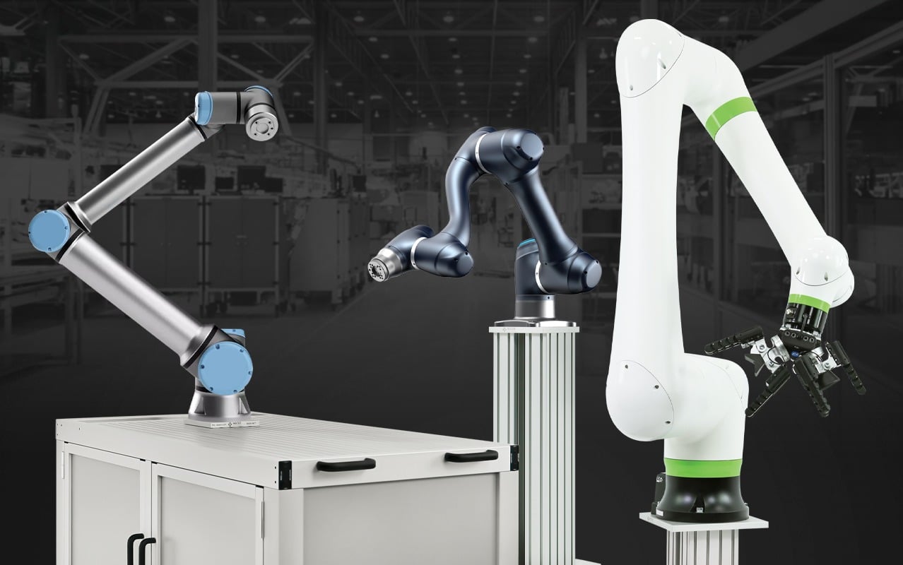 Collaborative robots (cobots) integrated with aluminum extrusion workstations for automated assembly, machine tending, material handling, and industrial manufacturing applications.