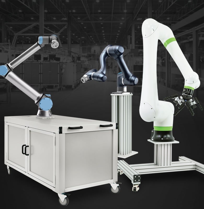Collaborative robots (cobots) integrated with aluminum extrusion workstations for automated assembly, machine tending, material handling, and industrial manufacturing applications.