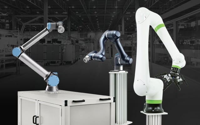 Collaborative Robot Workstations for Industrial Automation and Manufacturing Collaborative robots (cobots) integrated with aluminum extrusion workstations for automated assembly, machine tending, material handling, and industrial manufacturing applications.