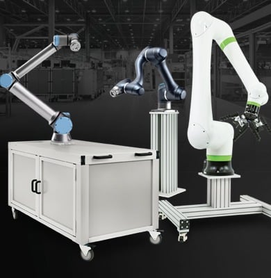 Collaborative Robot Workstations for Industrial Automation and Manufacturing Collaborative robots (cobots) integrated with aluminum extrusion workstations for automated assembly, machine tending, material handling, and industrial manufacturing applications.