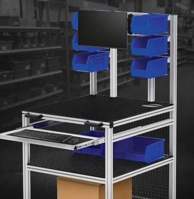 Material Handling Workstation with Parts Storage Bins and Monitor Mount Material handling workstation featuring overhead storage bins, monitor mount, keyboard tray, and aluminum extrusion framing for inventory management, order fulfillment, and production support.