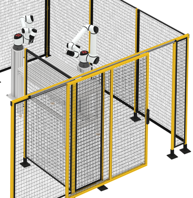 Industrial robotic cell enclosed with modular machine guarding panels and aluminum framing for automation safety and equipment protection
