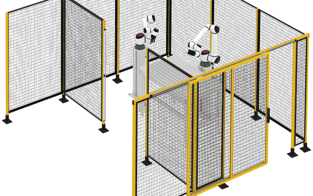 Industrial robotic cell enclosed with modular machine guarding panels and aluminum framing for automation safety and equipment protection