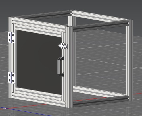 A 3D CAD rendering of a modular T-slot aluminum enclosure with a hinged black panel, door handle, and sliding latch within a design configurator workspace.