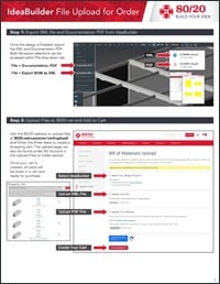 Infographic detailing the 80/20 IdeaBuilder ordering process, including exporting XML/PDF files and uploading the Bill of Materials to the 8020.net shopping cart.