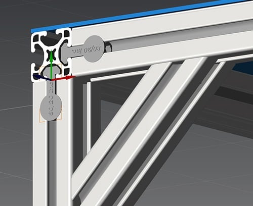 A 3D CAD cross-section rendering of 80/20 T-slot aluminum profiles joined by internal fasteners with 80/20 branding visible on the hardware.