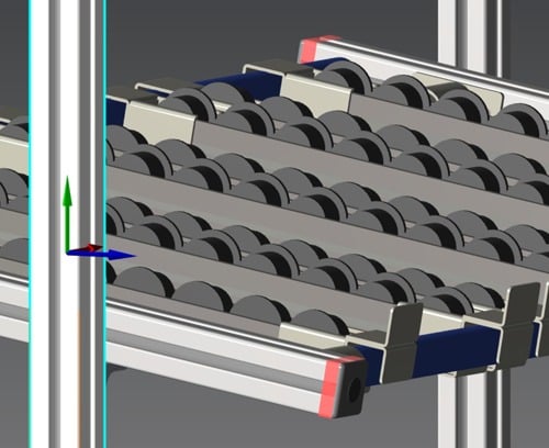 A 3D CAD rendering showing a vertical T-slot aluminum profile connected to a horizontal black pipe and joint flow rack system with roller tracks.