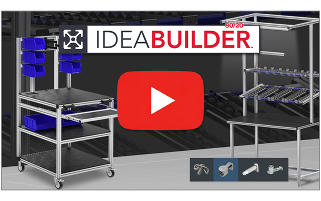 Thumbnail for an 80/20 IdeaBuilder tutorial video, showing the software's user interface, navigation menus, and the 3D grid design workspace.