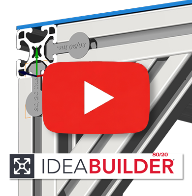 Thumbnail for an 80/20 IdeaBuilder tutorial video, showing the software's user interface, navigation menus, and the 3D grid design workspace.
