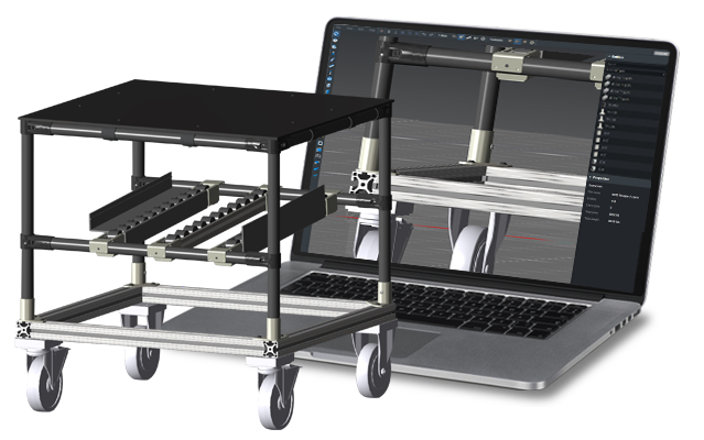 A 3D render of a black modular flow cart with casters and roller tracks next to a laptop displaying the same assembly in IdeaBuilder design software.