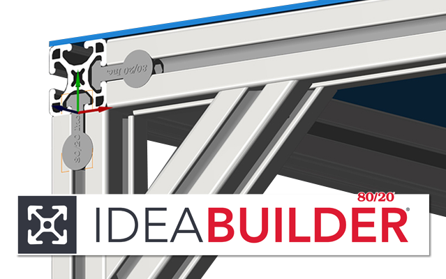 80/20 IdeaBuilder software showing a CAD-style aluminum T-slot frame design with structural connections and profile details.