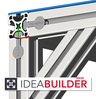 80/20 IdeaBuilder software showing a CAD-style aluminum T-slot frame design with structural connections and profile details.