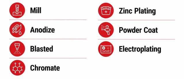 Infographic highlighting 80/20 T-slot aluminum metal finishing options, including mill finish, anodizing, blasting, chromate conversion, zinc plating, powder coating, and electroplating for industrial applications.