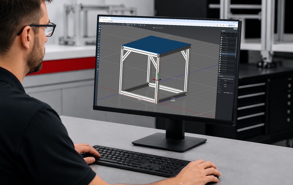 CAD software displaying a modular aluminum T‑slot framing structure used for engineering design and product development