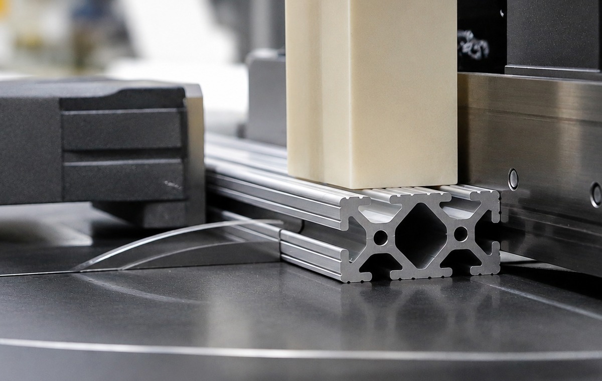 Precision Cut-to-Length T-Slot Aluminum Profiles | Standard Machining | 80/20 Close-up of an 80/20 T-slot aluminum profile being precision cut to length on an industrial saw, showcasing accurate standard machining services for custom framing, automation, and industrial applications.