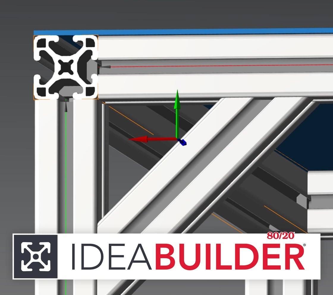 Close-up of an aluminum T-slot frame designed in 80/20 IdeaBuilder software, showing modular profile connections and bracing.