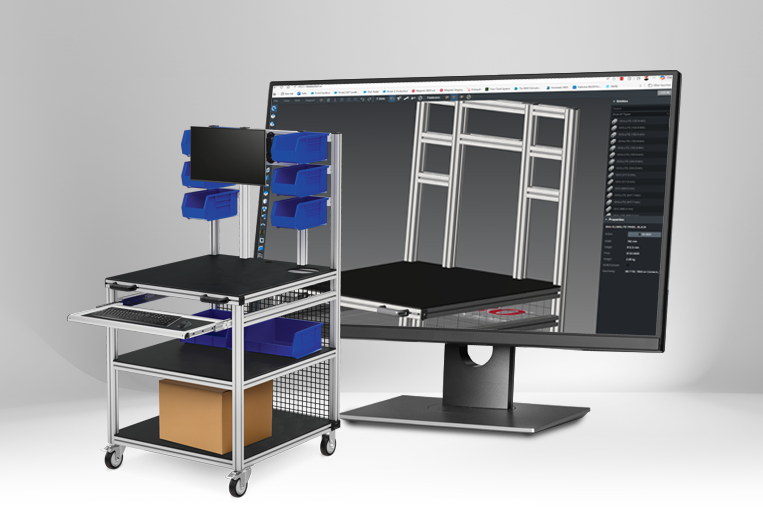 A side-by-side comparison of the digital and physical product: A large desktop monitor showing a technical 3D wireframe model. Next to it stands the completed physical 80/20 T-slot aluminum mobile workstation with blue bins and a keyboard tray.