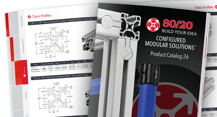 80/20 Configured Modular Solutions Product Catalog featuring aluminum T-slot profiles, engineering diagrams, and modular components.