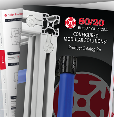 80/20 Configured Modular Solutions Product Catalog featuring aluminum T-slot profiles, engineering diagrams, and modular components.