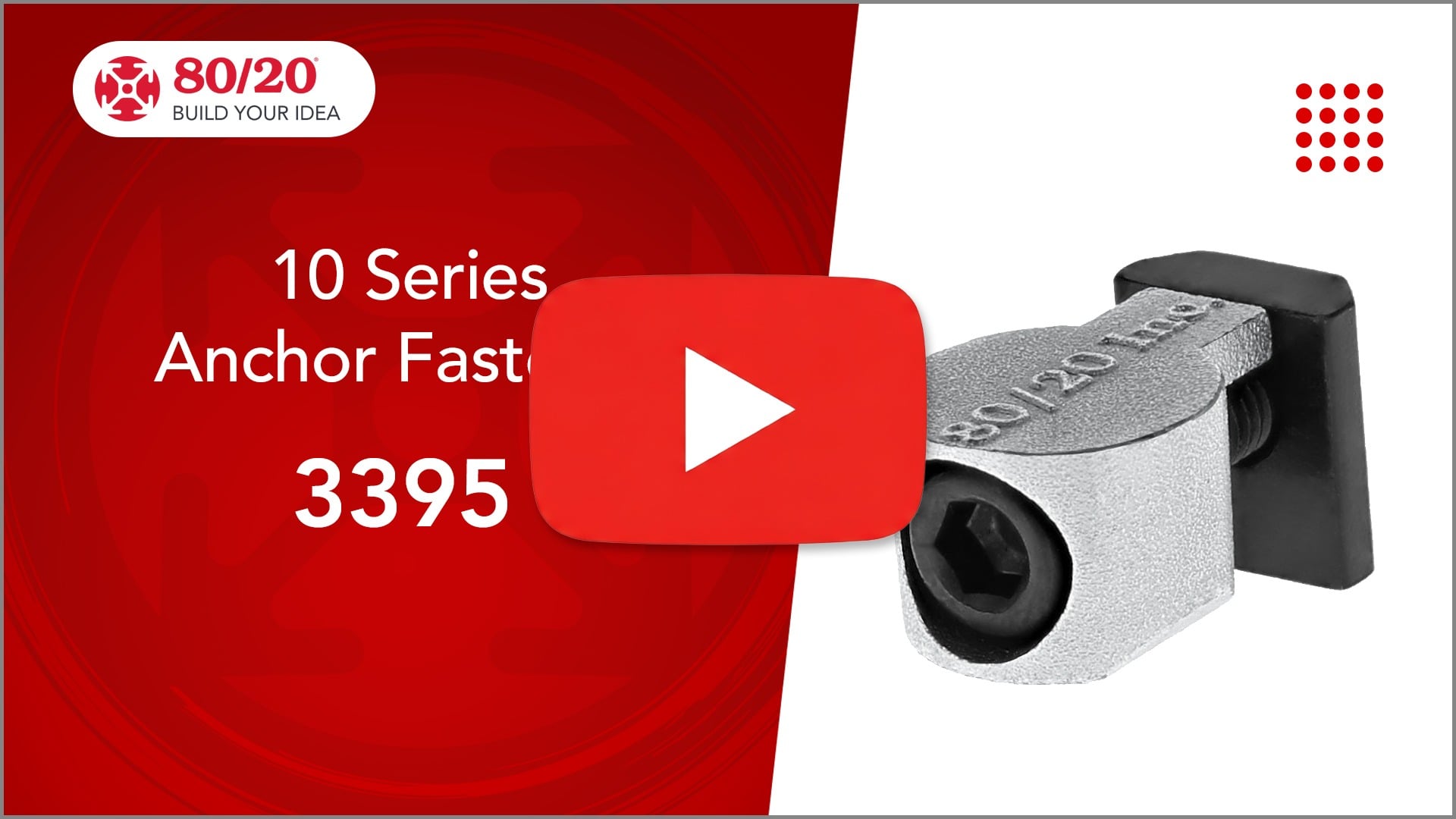 YouTube thumbnail for an 80/20 product tutorial showing the 10 Series Anchor Fastener isolated on a white background