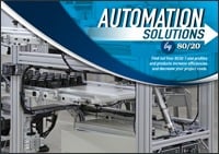 Front cover of the 80/20 Automation Solutions booklet, featuring an automated industrial assembly line built with T-slot aluminum profiles, integrated sensors, and organized wire management.