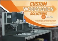 Front cover of the 80/20 Custom Workstation Solutions booklet, featuring an industrial T-slot aluminum workbench equipped with a monitor mount, black ESD-safe panels, and integrated shelving