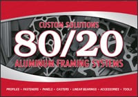 Front cover of the 80/20 Custom Solutions booklet featuring T-slot aluminum profiles and a list of components including fasteners, panels, casers, linear bearings, and accessories.