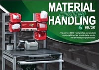 Front cover of the Material Handling Custom Solutions booklet by 80/20, featuring a T-slot aluminum workstation equipped with red storage bins, a computer monitor, and a barcode scanner.