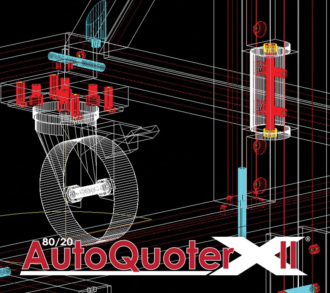 A technical 3D CAD wireframe drawing showing a machine base assembly with a caster wheel and aluminum extrusions, featuring the 80/20 AutoQuoter X II brand logo.