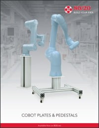A promotional graphic for 80/20 "Cobot Plates & Pedestals" featuring two light-blue collaborative robotic arms mounted on T-slot aluminum pedestals. One robotic arm is fixed to a stationary floor-mount pedestal, while the other is mounted on a mobile H-fr