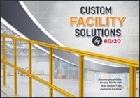 Front cover of the 80/20 Custom Facility Solutions booklet, featuring modular T-slot aluminum industrial partitions, safety equipment, and structural components in a manufacturing factory environment.