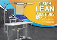 Front cover of the 80/20 Custom Lean Solutions booklet, featuring an ergonomic height-adjustable workstation with a white surface, blue storage bins, a monitor mount, and overhead lighting