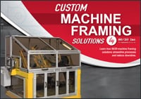 Front cover of the 80/20 Custom Machine Framing Solutions booklet, featuring an industrial machine enclosure built with T-slot aluminum profiles, yellow guarding panels, and clear viewing windows.