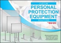 Front cover of the 80/20 Personal Protection Equipment Solutions booklet, featuring multiple sizes of clear protective barrier screens on T-slot aluminum stands for workplace safety.