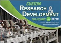 Front cover of the 80/20 Custom Research & Development Solutions booklet, featuring complex modular aluminum framing structures and industrial test equipment in a laboratory or R&D environment.