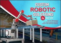 Front cover of the 80/20 Custom Robotic Solutions booklet, featuring a collaborative robotic arm mounted on a T-slot aluminum base, lifting a box from a modular conveyor system in a factory.