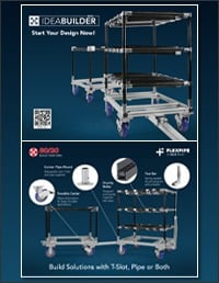 A technical promotional flyer for 80/20 IdeaBuilder software featuring industrial carts built using a hybrid of T-slot aluminum and Flexpipe systems. The graphic includes callouts for a center pipe mount, towable caster, gravity roller, and tow bar, with 