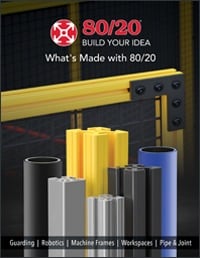 A promotional 80/20 graphic titled "What's Made with 80/20" featuring a variety of silver, black, and yellow T-slot aluminum extrusions and blue and black pipes in the foreground. The background shows an industrial machine guarding structure, with a foote
