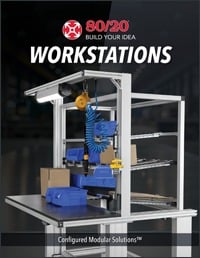 A professional 80/20 brand graphic titled "Workstations" featuring a 3D rendering of a modular industrial workbench built with silver T-slot aluminum profiles. The station includes an integrated overhead LED light, a tool balancer, blue storage bins, and 