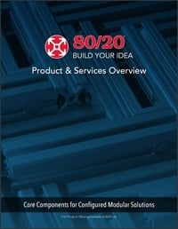 A professional graphic featuring stacked 80/20 T-slot aluminum extrusions in a blue tone with text reading "80/20 Product & Services Overview" and "Core Components for Configured Modular Solutions".