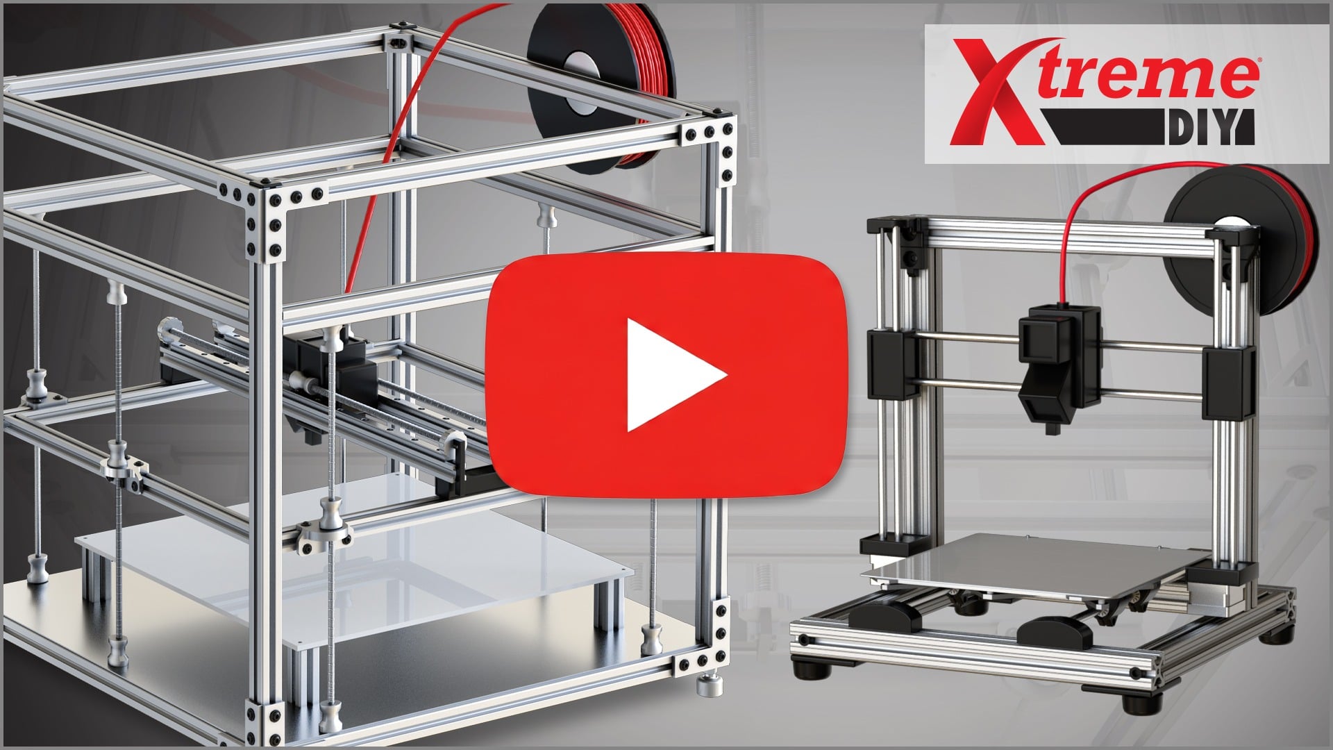 YouTube thumbnail for an 80/20 Xtreme DIY tutorial, showcasing two 3D printer frame designs built with T-slot aluminum profiles.