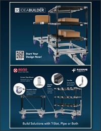 A technical promotional flyer for 80/20 IdeaBuilder software featuring industrial carts built using a hybrid of T-slot aluminum and Flexpipe systems. The graphic includes callouts for a center pipe mount, towable caster, gravity roller, and tow bar, with 