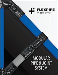 Close-up of blue modular pipes connected with black metal joints, featuring the Flexpipe logo and text identifying it as an 80/20 brand modular pipe and joint system.
