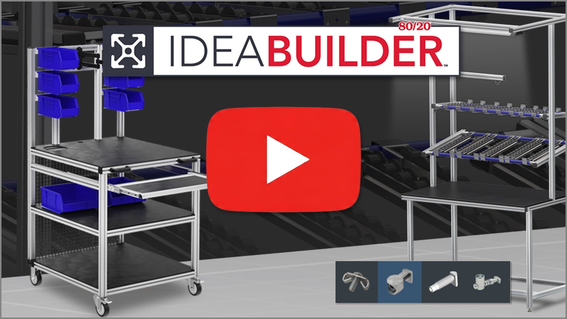 Thumbnail for an 80/20 IdeaBuilder tutorial video, showing the software's user interface, navigation menus, and the 3D grid design workspace.