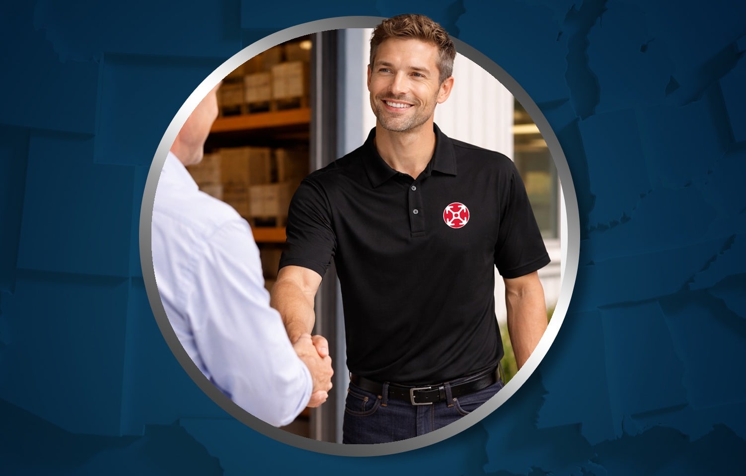 Local technical support sales representative shaking hands with a customer in an industrial warehouse setting